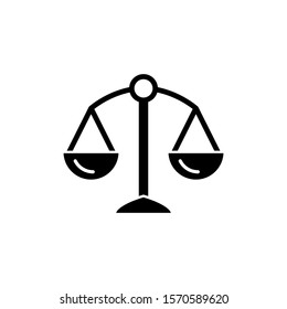 Law scale icon template in black flat design on white background, justice symbol weight balance sign of law judgment punishment statue vector sign isolated on white background illustration for graphic
