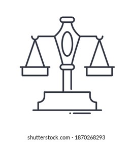 Icono de escalas de ley, ilustración lineal aislada, vector de línea delgada, signo de diseño web, símbolo de concepto de contorno con trazo editable sobre fondo blanco.