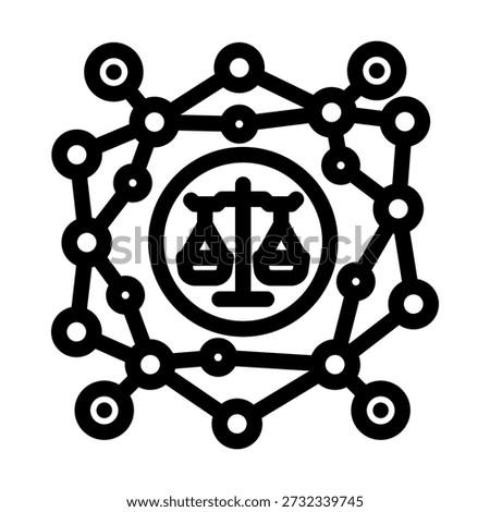 Law scales symbol surrounded by an interconnected digital network structure, illustrating the integration of legal principles with modern technology for judicial systems and ethics