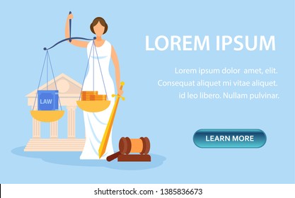 Law School Admission Requirements Landing Page. Money And Knowledge In Golden Scales Vector Illustration. University, Jurisprudence Faculty Web Banner Layout. Woman With Sword Courthouse Symbol