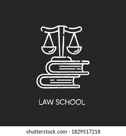 Law school chalk white icon on black background. Professional jurisprudence education, judicial system. Legal court trial, justice. Scales on books stack Isolated vector chalkboard illustration