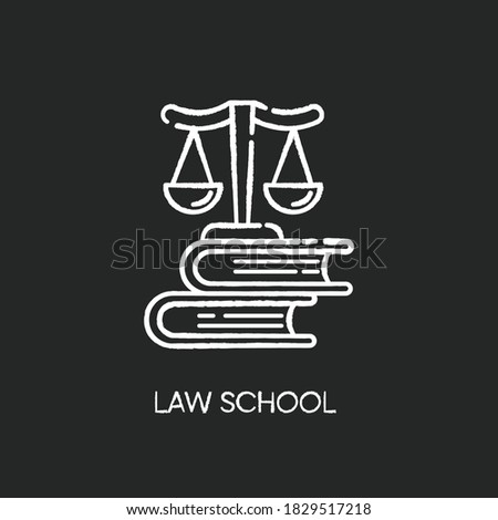 Law school chalk white icon on black background. Professional jurisprudence education, judicial system. Legal court trial, justice. Scales on books stack Isolated vector chalkboard illustration