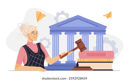 Law school concept. Woman with judges law near stack of books and courthouse. Judgement and justice. Lawyer and advocacy, notary. Legal support. Flat vector illustration