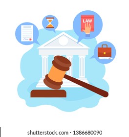 Law School, Course Cartoon Vector Illustration. Hand on Legal Book. Wooden Gavel, Hammer Justice Symbol. Attorney, Advocate Company. Lawyer Firm. United States Supreme Court Building