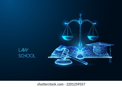 Law school, education concept with open book, gavel, scales and graduation cap on dark blue