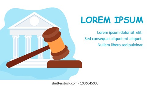 Law School, Jurisprudence Education Web Banner. Judge Wooden Gavel, Hammer Justice Symbol Illustration. US Supreme Court Building Facade. Cartoon White Courthouse. Attorney, Notary Firm