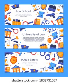 Law school and public safety - vector flat design style banners set with copy space for text. Gavel, libra scales, court, handcuffs, scroll, gun, shield symbols of crime and punishment images