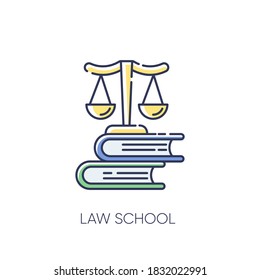 Law School RGB Color Icon. Professional Jurisprudence Education, Judicial System. Legal Court Trial, Justice. Scales On Books Stack Isolated Vector Illustration