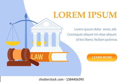 Law School Symbols Landing Page Vector Template. Jurisprudence Online Course Flat Illustration. Supreme Court Building Facade on Legal Book. Golden Scales, Justice Metaphor Web Banner