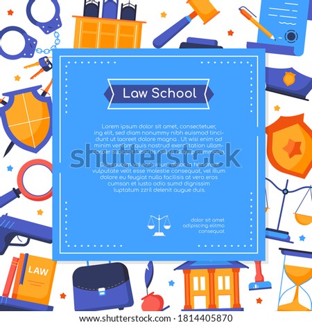 Law school - vector flat design style banner with copy space for text. Gavel, libra scales, court, handcuffs, scroll, gun, shield symbols of crime and punishment images. Certificate template