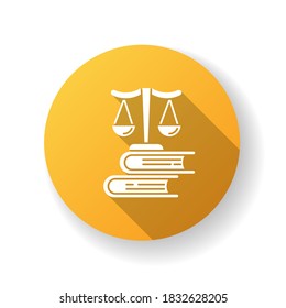 Law School Yellow Flat Design Long Shadow Glyph Icon. Professional Jurisprudence Education, Judicial System. Legal Court Trial, Justice. Scales On Books Stack Silhouette RGB Color Illustration