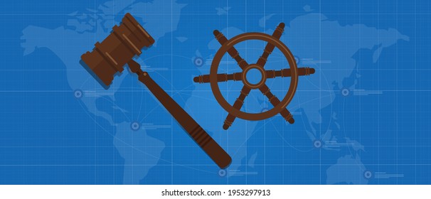 law of sea international agreement regulation symbol of boat steering wheel and gavel hammer