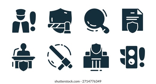 Law and security excellent icon collection. Set of police officer, shield barrier, search, secure document, courtroom, baton, courthouse, and alert icons