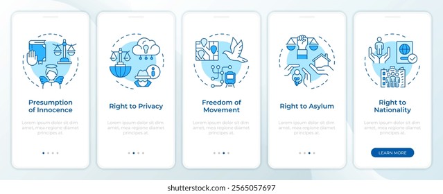 Law security right blue onboarding mobile app screen. Walkthrough 5 steps editable graphic instructions with linear concepts. UI, UX, GUI template