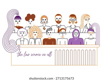 La ilustración del concepto La ley nos sirve a todos, que presenta a un grupo diverso de personas en una sala de audiencias, que representa la misma protección ante la ley. La Imagen simboliza la justicia, la inclusión y los derechos civiles