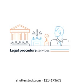 Law services and public notary concept icon set. Court house trial case. Flat design vector illustration