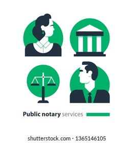 Law services and public notary concept icon set. Court house trial case, justice scales, woman and man. Flat design vector illustration