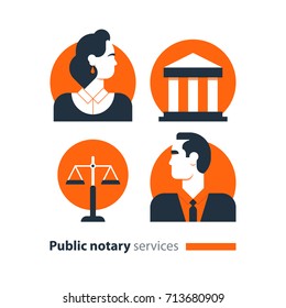 Law services and public notary concept icon set. Court house trial case, justice scales, woman and man. Flat design vector illustration