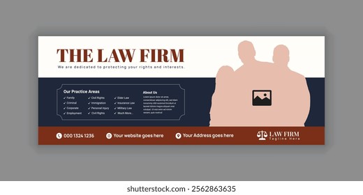 Law Services Social Media Banner Design or Law Consulting Online Banner Template and Flat Law Firm Advertising web banner and Horizontal banner template