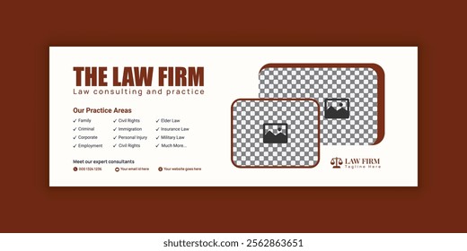 Law Services Social Media Banner Design or Law Consulting Online Banner Template and Flat Law Firm Advertising web banner and Horizontal banner template