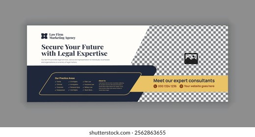 Law Services Social Media Banner Design or Law Consulting Online Banner Template and Flat Law Firm Advertising web banner and Horizontal banner template