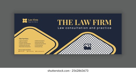 Law Services Social Media Banner Design or Law Consulting Online Banner Template and Flat Law Firm Advertising web banner and Horizontal banner template