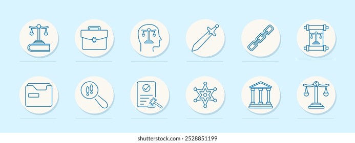 Law set icon. Scales on book, briefcase, head with scales, sword, chain, document with scales, file, magnifying glass with alert, sheriff badge, courthouse, scales with dollar.