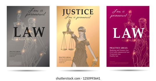 law set of posters with lady justice linear illustration and big typography, layput for print advertising