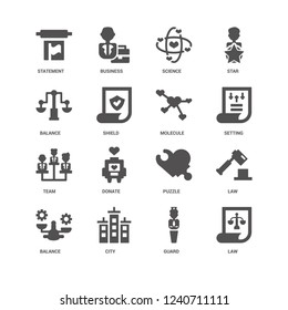 Law, Setting, Molecule, Balance, Statement, Team, Guard, City, Science icon 16 set EPS 10 vector format. Icons optimized for both large and small resolutions.