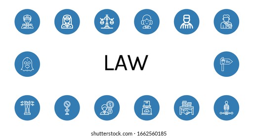 law simple icons set. Contains such icons as Police, Policewoman, Scale, Judge, Prisoner, Lawyer, Stun gun, No parking, Accounting, Corruption, can be used for web, mobile and logo
