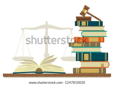 Law studies. Stack of books with glasses, open book and judge gavel on white background. Vector illustration.
