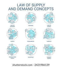 Law of supply soft blue concept icons. Price, quantity of goods, services in market. Supply and demand. Icon pack. Vector images. Round shape illustrations for brochures in marketing. Abstract idea