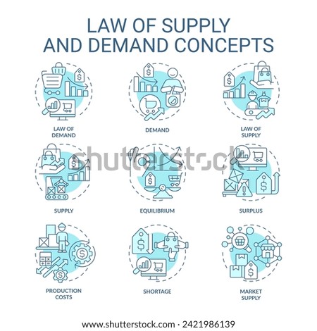 Law of supply soft blue concept icons. Price, quantity of goods, services in market. Supply and demand. Icon pack. Vector images. Round shape illustrations for brochures in marketing. Abstract idea