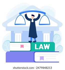 Derecho, supremacía y Ilustración vectorial del concepto de justicia. Asistencia de Litigios, investigación legal, servicios de asistentes legales, decisión del juez.