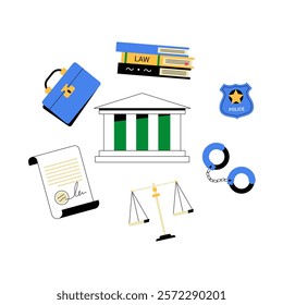 Law Symbols Including Courthouse, Handcuffs, And Scales In Flat Vector Illustration Symbolizing Justice System, Legal Authority, And Governance, Isolated On White Background