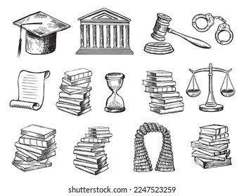 Law symbols set. Scales vector hand drawn.	
