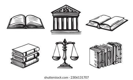 Law symbols set. Scales vector hand drawn.	
