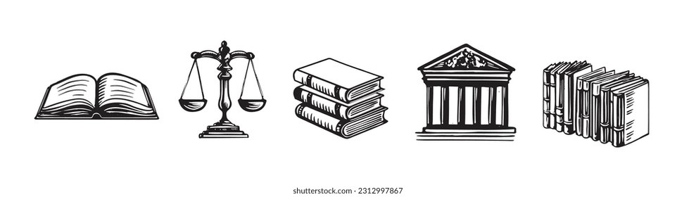 Law symbols set. Scales vector hand drawn.	