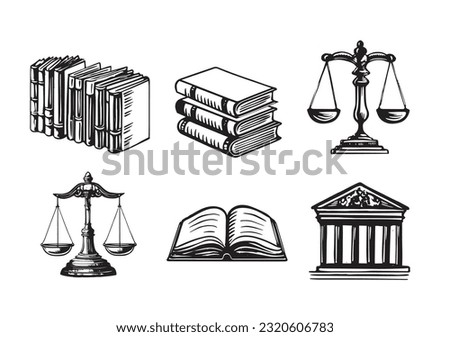Law symbols set, Scales vector hand drawn, line drawing black on white background.	