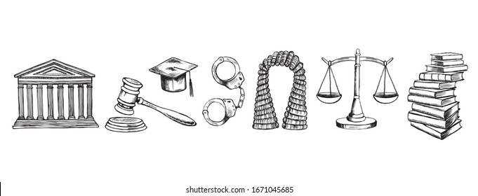 Law symbols set. Vector hand drawn illustration.	