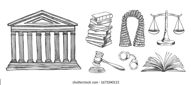 Law symbols set. Vector hand drawn illustration.	
