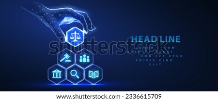 Law system icons on hexagons made pyramid and hand holding the top element with scale. Virtual lawyer, legal service online, AI technology regulation, cyber law, virtual consulting, digital law