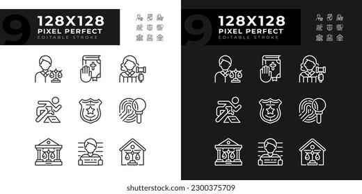 Law system and order control pixel perfect linear icons set for dark, light mode. Jurisdiction for citizens. Court. Thin line symbols for night, day theme. Isolated illustrations. Editable stroke