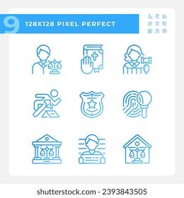 Rechtssystem und Ordnung Pixel perfekte Farbverlauf-Linear-Vektorsymbole gesetzt. Gerichtsbarkeit für Bürger. Gerichtsverfahren. Kontursymbol für dünne Linien entwirft Bündel. Kollektion isolierter Konturillustrationen
