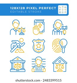 Law system and order control two color line icons set. Crime commitment. Jurisdiction for citizens. Court system bicolor outline iconset isolated. Duotone pictograms thin linear. Editable stroke