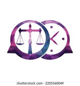Law time and chat bubble vector logo design. Scale with clock icon vector logo design.