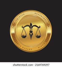 Law Token Cryptocurrency new logo in black color concept on gold coin. Law Coin Block chain technology symbol. Vector illustration for banner, background, web, print, article.