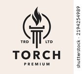 Law torch logo. Column and flame icon. Greek pillar and fire emblem. Liberty corporate company symbol. Legal institute sign. Vector illustration.
