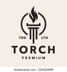 Law torch logo. Column and flame icon. Greek pillar and fire emblem. Liberty corporate company symbol. Legal institute sign. Vector illustration.