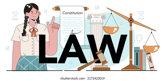 Law Typographic Header. Punishment And Judgement Education. Jurisprudence School Course. Guilt And Innocence Idea, Child Rights Learning. Flat Vector Illustration